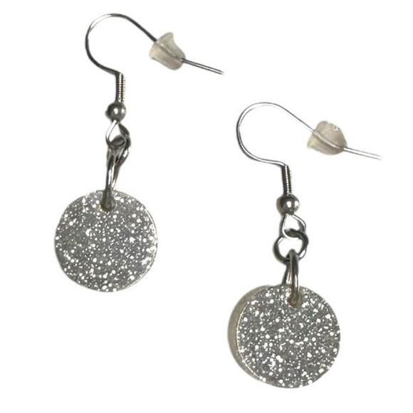 Vintage Hanging Pendant Glitter Earrings, Round Sparkle Earrings, Silver - Picture 1 of 4
